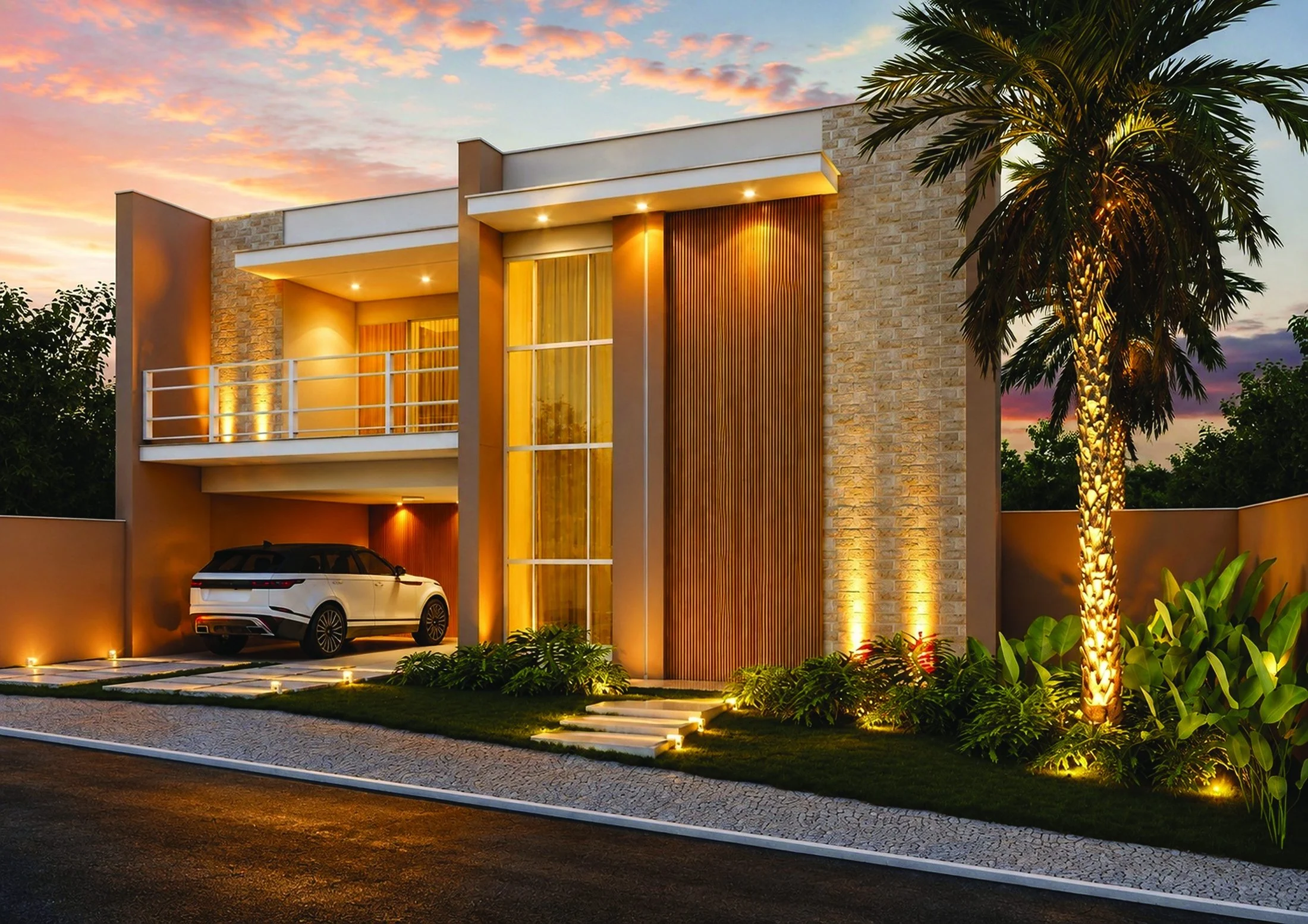 Fachada contemporânea da residência Capri ao entardecer